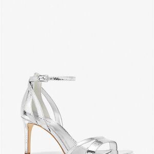 Michael Kors Kimberly Metallic Snake Embossed Leather Sandal In Silver Size 9M